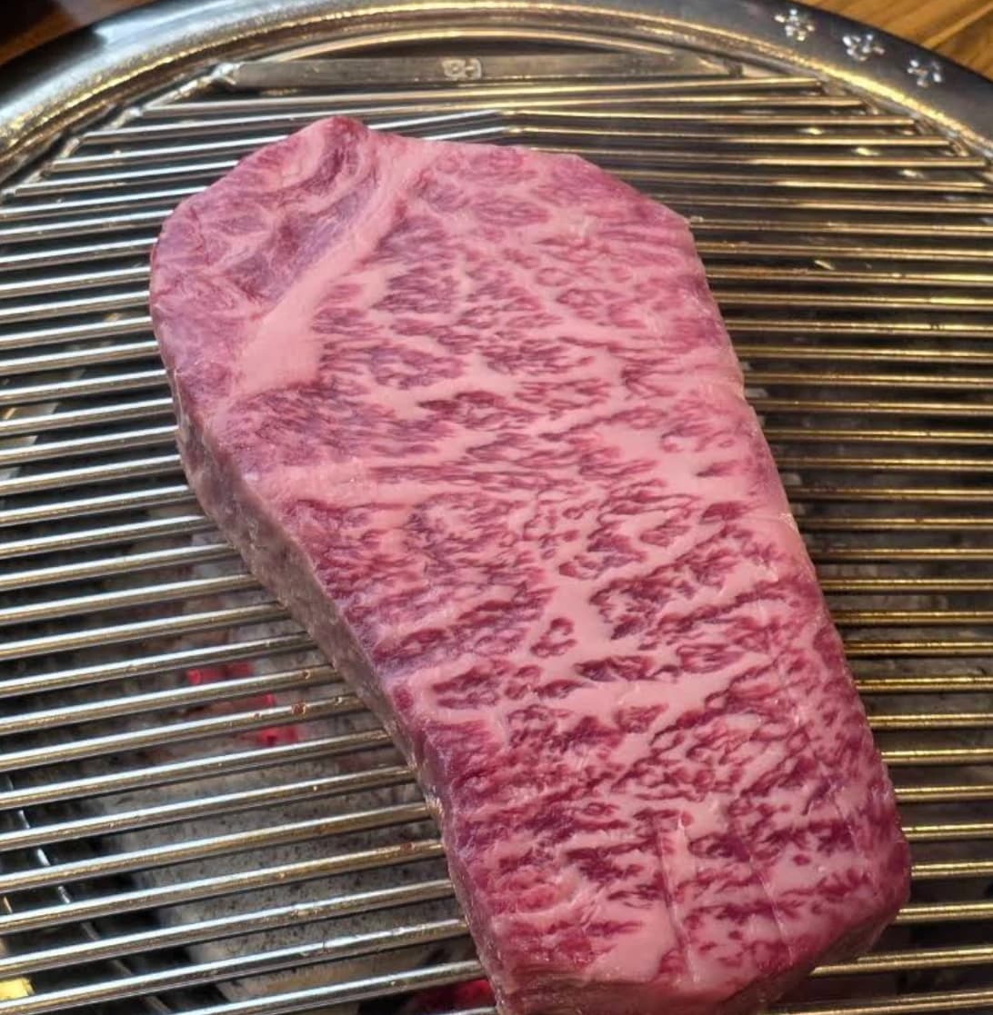 Marbled Hanwoo beef close-up at the GOSANCHON butcher's counter